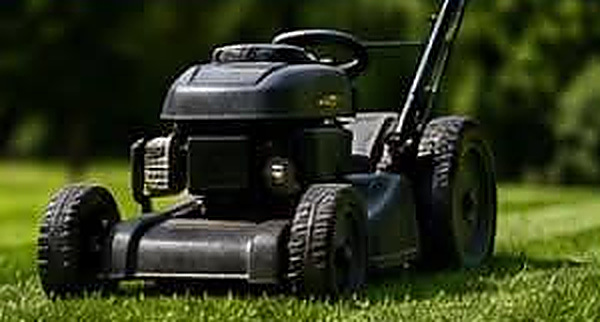 Push mower cutting a green lawn